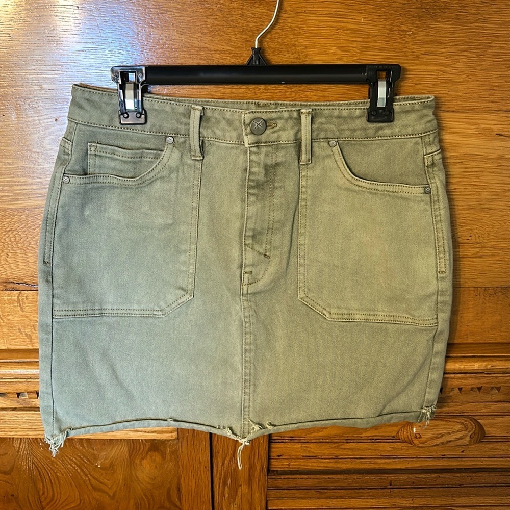 Unpublished Y2K Gorpcore Sage Green Denim Mini‎ Skirt Raw Hem Utility Streetwear